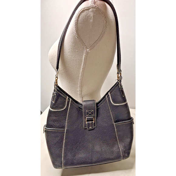 Fossil Handbags - Fossil Black Pebbled Leather Shoulder Bag Purse Hobo Tote w/ Buckle & Contrast S